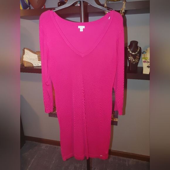 Guess Pink V-Neck, Long Sleeve Sweater Dress, Size Large - Picture 1 of 7